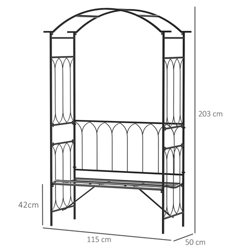 Outsunny Garden Metal Frame Bench W/Arch for Various Climbing Plant, 115Lx50Wx203H cm-Black