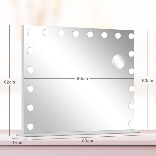 HOMCOM Hollywood Vanity Mirror with Lights, Large 80x62 cm Lighted Makeup Mirror with 3 Colour, 18 LED Bulbs, 10X Magnifying, USB Charging Port, Touch Screen, Tabletop or Wall Mounted Design, White