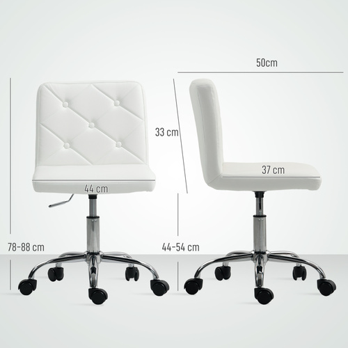 HOMCOM PU Leather Armless Office Chair, Modern Vanity Computer Swivel Chair with Rolling Wheels and Adjustable Height for Home Study, Bedroom, White