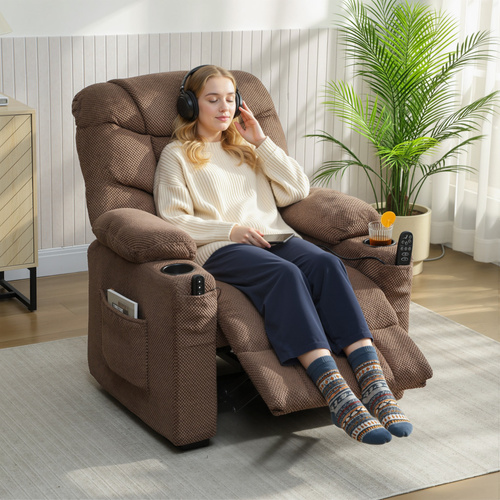 HOMCOM Electric Massage Recliner Armchair with Vibration, Heat, Whisper-Quiet Motor, Memory Function, Fleece Power Reclining Chair with Spring Pack, USB Port, Footrest, Side Pocket, Cup Holders, Brown