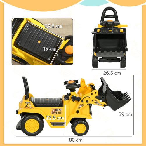 HOMCOM Ride On Tractor, 3 in 1 Ride On Excavator Toy, Toddler Digger Bulldozer with Storage, Pretend Play Construction Truck, NO POWER for 18-48 Months, Yellow