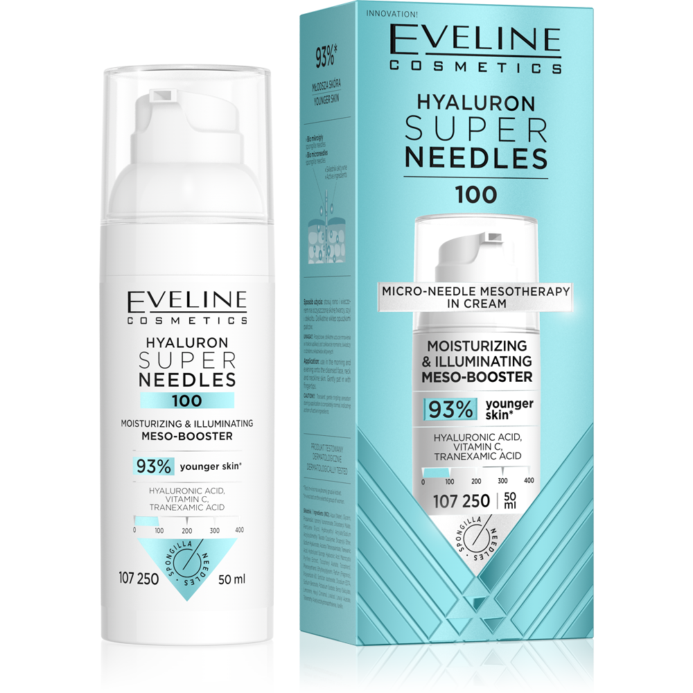 Eveline Super Needles Hyaluron 100 Nawilżająco – Rozświetlający Mezo-Booster na Dzień i na Noc 50ml