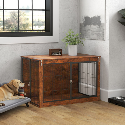 PawHut 46.46'' Dog Crate Furniture with Openable Top, Two Lockable Doors, for Extra Large Dogs, Rustic Brown