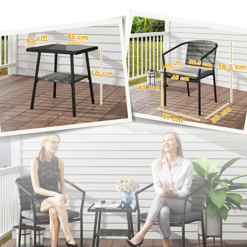 Outsunny 3 Pieces Rattan Bistro Set with Cushions, Wicker Garden Furniture Set, Glass Top Coffee Table and Chairs for Outdoor Patio, Balcony, Terrace and Conservatory, Grey