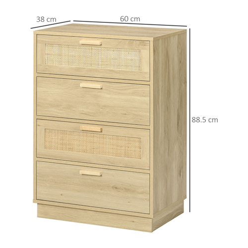 HOMCOM Chest of Four Rattan Weave Panel Drawers - Wood-Effect