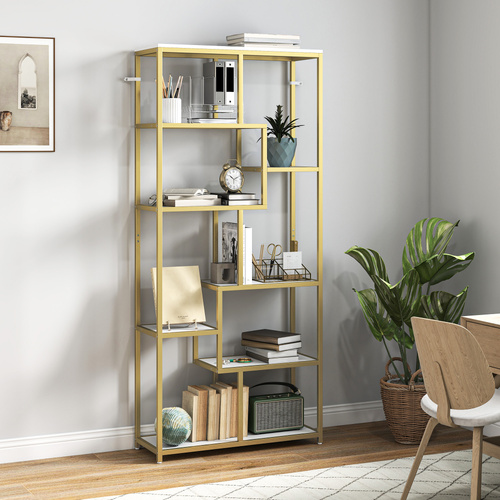 HOMCOM Seven-Tier Geometric Bookcase - White/Gold Tone