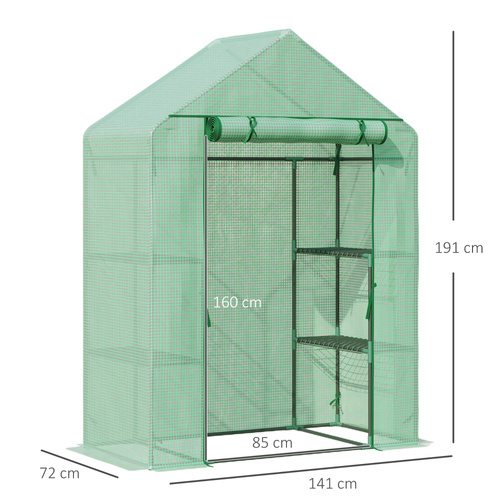 Outsunny Walk In Greenhouse with Shelves, Portable Gardening Plant Grow House for Outdoor with 2 Tier Shelf, Roll-Up Zippered Door, PE Cover, 141 x 72 x 191cm, Green