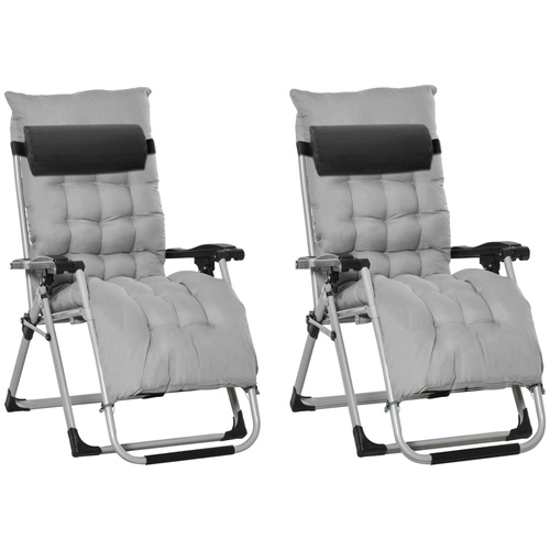 Outsunny 2pc Reclining Zero Gravity Sun Loungers ,Folding Chaise Lounge Chair with Cushions, Light Grey