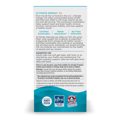 Nordic Naturals Ultimate Omega-D3 Fish Oil 1280mg Wspiera Organizm Układ Odpornościowy Serce i Mózg Smak Cytrynowy 60 Kapsułek