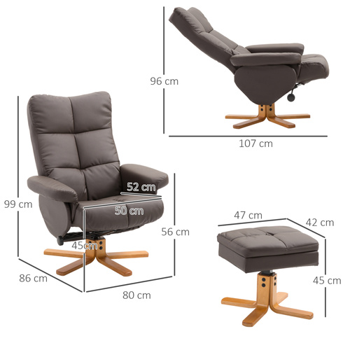 HOMCOM PU Leather Swivel Recliner Chair with Footstool, Wooden Base and Storage for Living Room, Brown