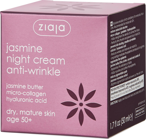 Ziaja Jasmine Anti-Wrinkle Cream 50+ with Hyaluronic Acid for Mature Skin at Night Vegan 50ml