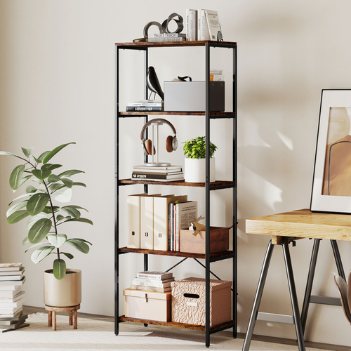 HOMCOM 5-Tier Bookshelf, Industrial Bookcase with Metal Frame - Rustic Brown and Black