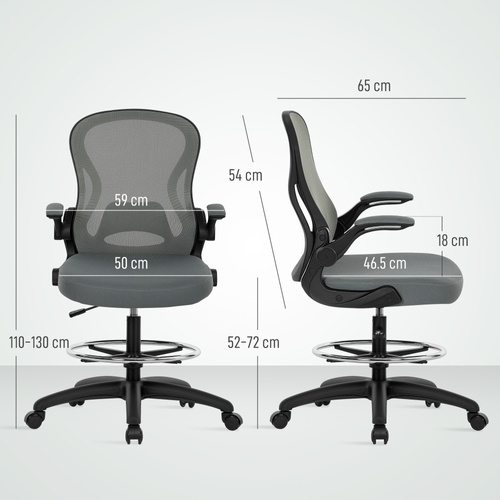 Vinsetto Drafting Chair, Ergonomic Tall Office Chair with Flip-up Armrests, Mesh Back, Lumbar Support, Adjustable Height and Foot Ring, Swivel Wheels, for Standing Desk, Charcoal Grey