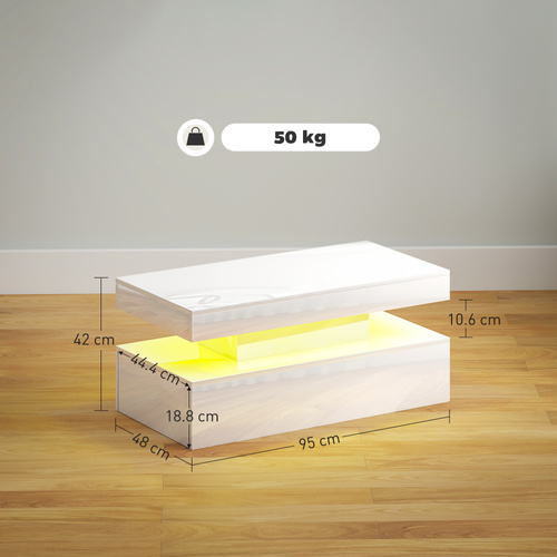 HOMCOM LED Coffee Table with Storage - High Gloss White
