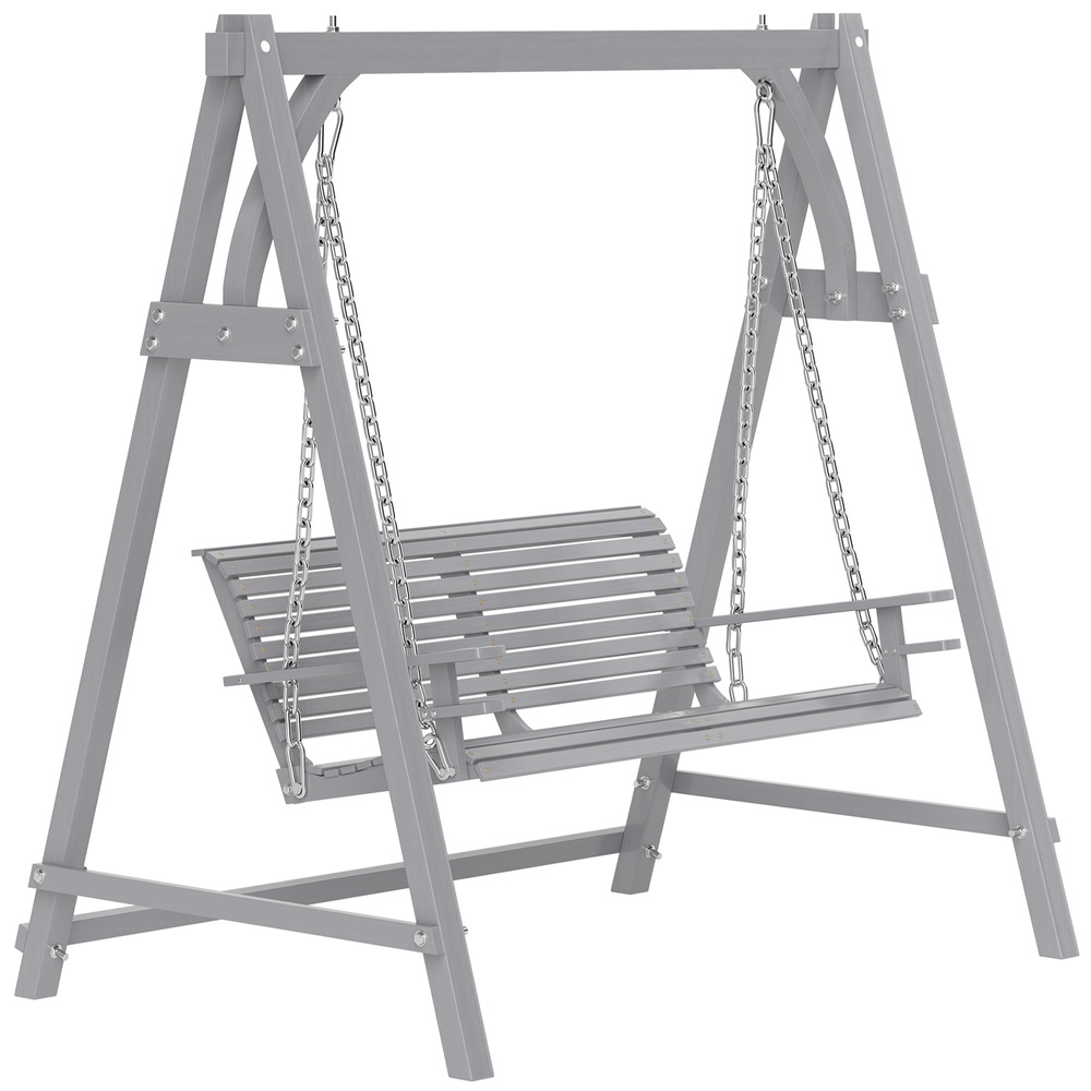 Outsunny 2 Seater Garden Swing Seat, Wooden Swing Chair Bench with Cup Holders for Outdoor Porch Patio, Grey