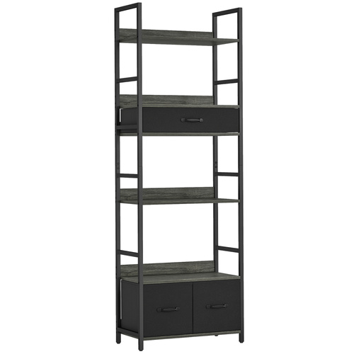 HOMCOM Industrial Style Bookcase, with 4 Shelves and 3 Fabric Drawers - Grey/Black