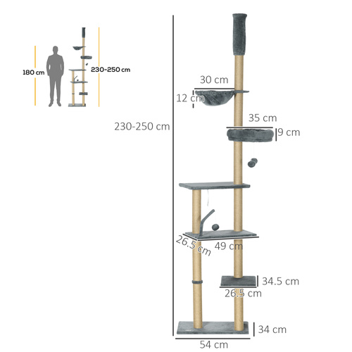 PawHut 230-250cm Floor-to-Ceiling Climbing Cat Tree Tower - Grey