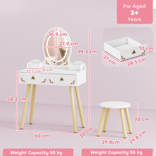 AIYAPLAY Kids Vanity Table and Chair Set with 3-Colour LED Lights Mirror, Drawer, Storage Boxes, for 3+ Years, White