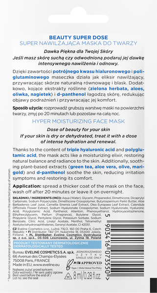 Eveline Beauty Super Dose Hyaluronic Acid Moisturizing Face Mask for Dry and Dehydrated Skin 8ml