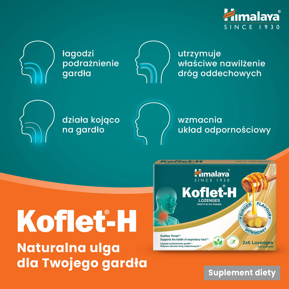 Himalaya Koflet-H Imbir Wspiera Zdrowie Dróg Oddechowych 12 Pastylek do Ssania