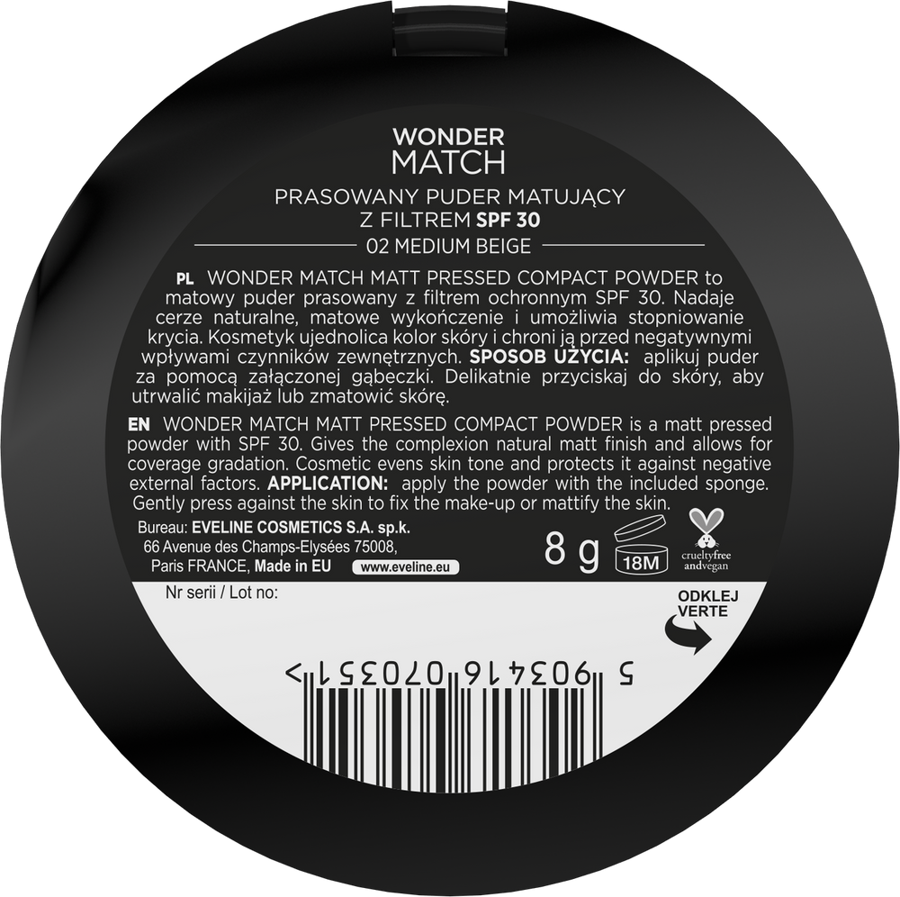 Eveline Wonder Match Matowy Puder Prasowany z Filtrem Ochronnym SPF30 Nr 02 Medium Beige 8g