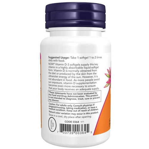 Now Foods Vitamin D-3 400 IU Wspiera Odporność Zdrowie Kości i Mięśni oraz Pracę Mózgu 180 Kapsułek