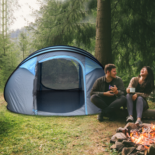 Outsunny 4 Person Pop-up Camping Tent Family Tent with Ground Sheet, 4 Windows and Portable Carry Bag for Beach Outdoor Trip, Sky Blue