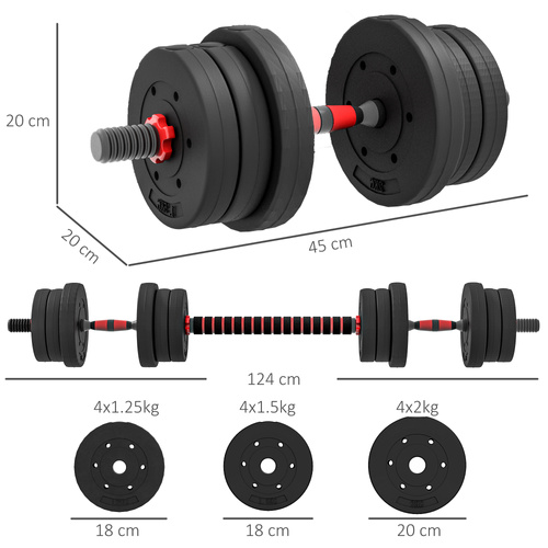 HOMCOM 20kg 2 IN 1 Adjustable Dumbbells Weight Set, Dumbbell Hand Weight Barbell for Body Fitness, Lifting Training for Home, Office, Gym, Black