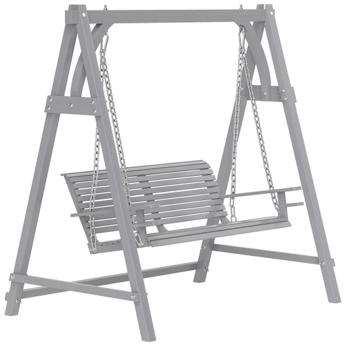 Outsunny 2 Seater Garden Swing Seat, Wooden Swing Chair Bench with Cup Holders for Outdoor Porch Patio, Grey