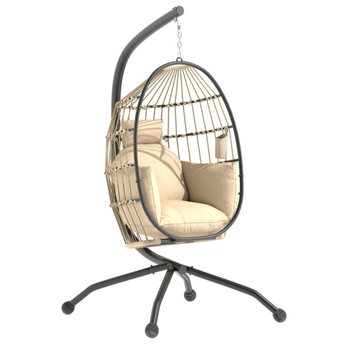 Outsunny Hanging Egg Chair Outdoor Indoor Garden Swing Chair with Folding Basket and Thickened Cushion, Garden Hanging Chair with Stand, Headrest, Cup Holder for Patio, Balcony, Khaki