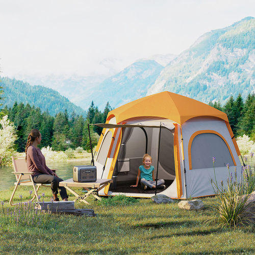 Outsunny Instant Pop Up Camping Tent, 2/3/4 Person Easy Setup Dome Family Tent with Vestibule, Rainfly, 4 Mesh Windows & 2 Doors, Hexagonal Design, Waterproof & UV Protected, Light Grey