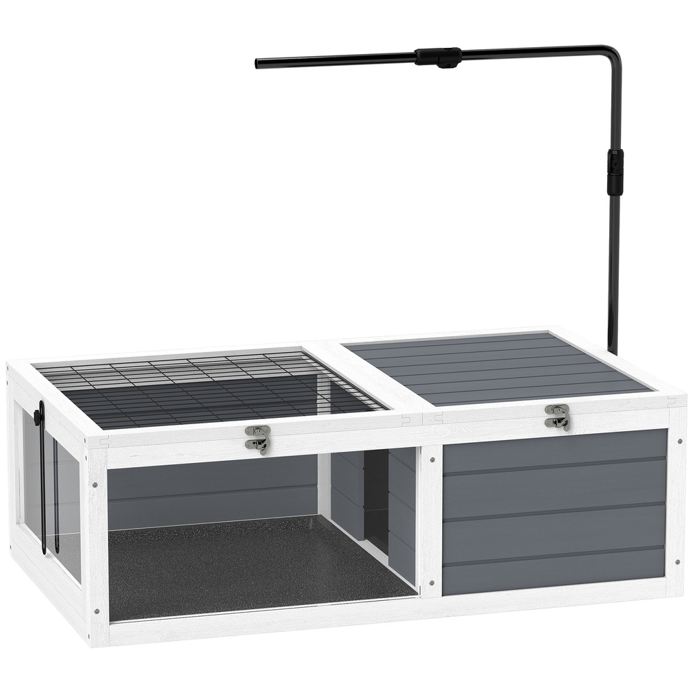 PawHut Tortoise Table with Adjustable Lamp Holder, Wooden Tortoise House w/ Openable Lids, Pull-Out Trays - Grey