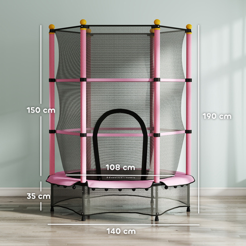 HOMCOM 4.6FT/55" Kids Trampoline with Enclosure Net, Outdoor Indoor Use, for Ages 3-10 Years, Pink