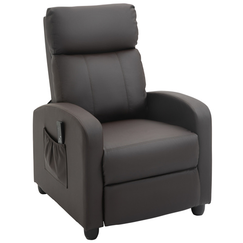 HOMCOM Recliner Armchair, Massage Faux Leather Push Back Reclining Chair with Adjustable Leg Rest, Side Pocket, for Home Living Room Theatre, Brown