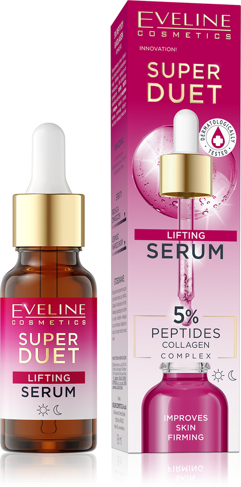 Eveline Super Duo Skoncentrowane Serum Liftingujące z 5% Peptydami i Kompleksem Kolagenowym dla Skóry Suchej i Dojrzałej na Dzień i na Noc 18ml