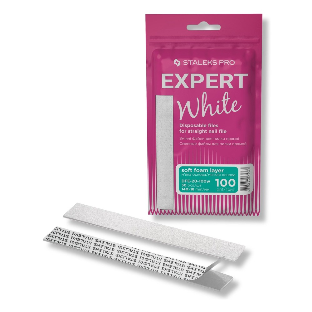 Staleks Pro Expert Wymienne Pilniki Białe na Bazie Miękkiej do Pilnika Prostego EXPERT 20 100 Grit 30 Sztuk