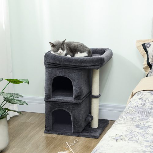 PawHut 66 cm Small Cat Tree for Large Cats, Cat Tower w/ Large Top Perch, 2 Condos, Sisal Scratching Post, Toy Ball, Dark Grey