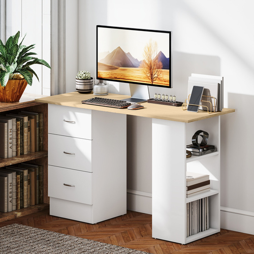 HOMCOM Computer Desk with Drawers, Home Office Desk, Writing Table, PC Workstation with 3 Storage Shelves for Working, Study, 120 x 49 x 72 cm, Natural Wood Finish and White