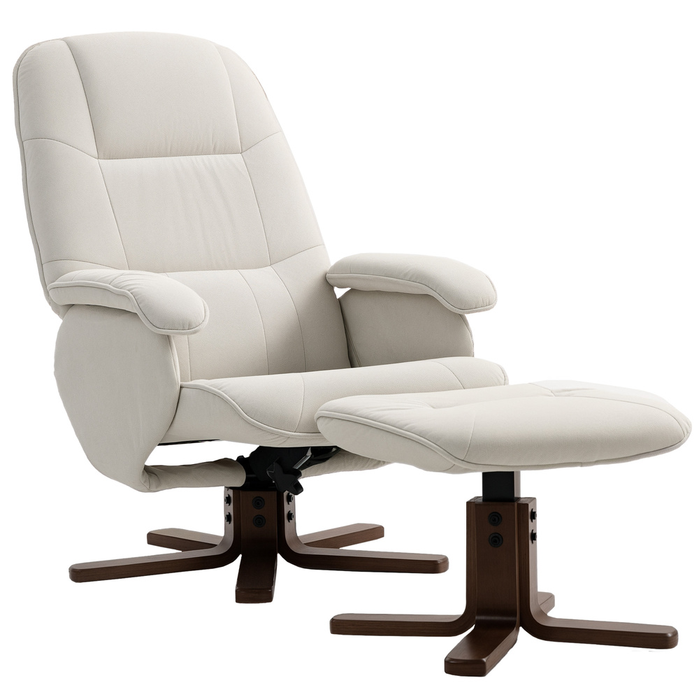 HOMCOM Linen Swivel Recliner Chair with Footstool, Upholstered Reclining Armchair with Wooden Base for Living Room, Beige