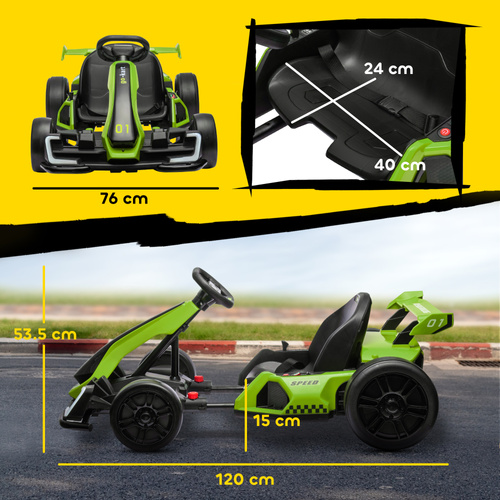 HOMCOM 24V Electric Go Kart for Kids with Adjustable Seat for 6-12 Years, Green