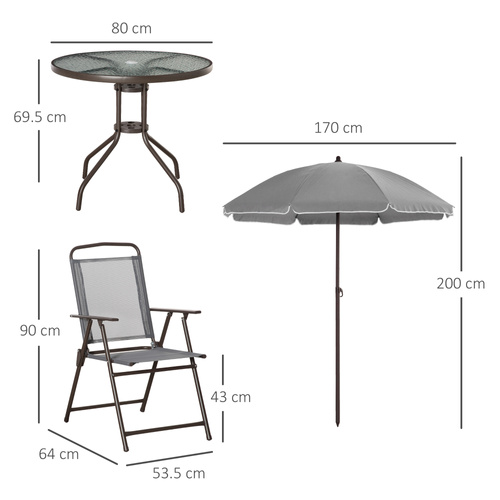 Outsunny 6 Piece Garden Dining Set with Umbrella, Outdoor Dining Sets with Parasol, 4 Folding Dining Chairs & Round Tempered Glass Table, Grey