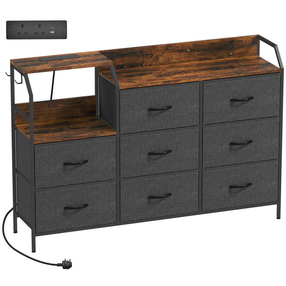 HOMCOM Chest of Eight Drawers, with Charging Station - Brown/Black