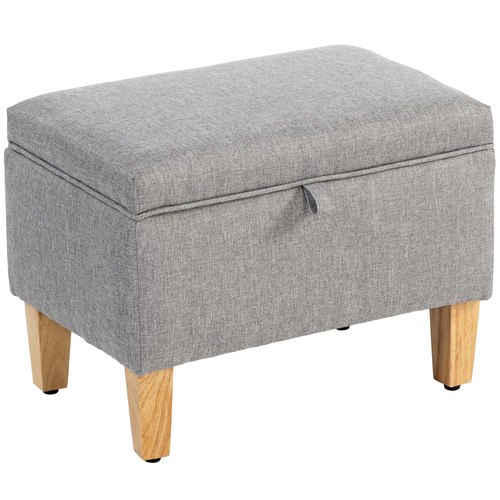 HOMCOM 16L Linen Storage Ottoman Padded Footstool with Rubberwood Legs for Storage Box, Bed End, Shoe Bench, Seating, Light Grey
