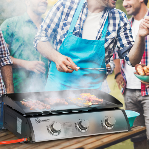 Outsunny Gas Plancha Barbecue Grill with 3 Stainless Steel Burner, 9kW, Portable Tabletop Gas BBQ with Non-Stick Griddle for Camping Picnic Garden Party Festival