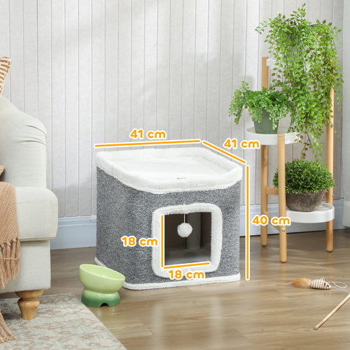 PawHut Cat House for Indoor Kittens, 2-Level Cat Cave Bed with Fluffy Balls, Top Bed, Kitten Barrel for Multi Kitties, Grey