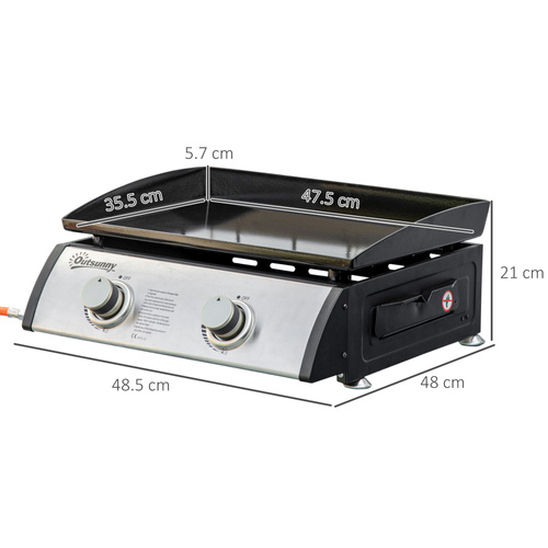 Outsunny Gas Plancha Barbecue Grill with 2 Stainless Steel Burner, 6kW, Portable Tabletop Gas BBQ with Non-Stick Griddle for Camping Picnic Garden Party Festival