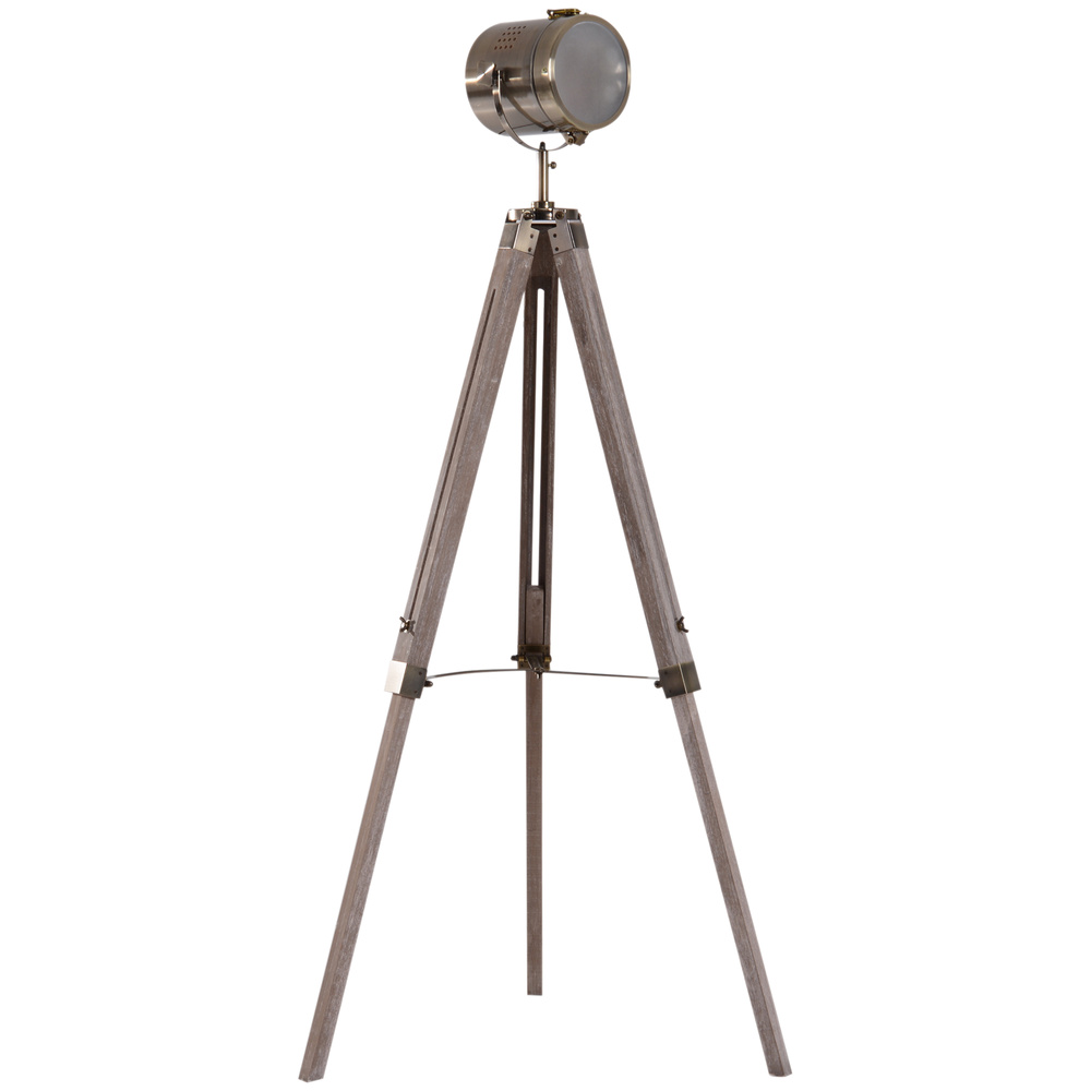 HOMCOM Industrial Tripod Floor Lamp, Nautical Searchlight with Adjustable Height, Wood Legs, E14 Lamp Base for Living Room, Bedroom, Grey and Bronze