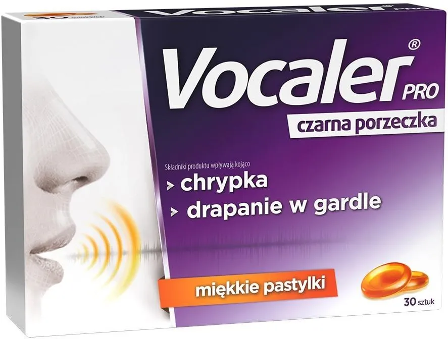 Vocaler Pro Czarna Porzeczka Pastylki Miękkie do Ssania na Chrypkę i Drapanie w Gardle 30 Sztuk