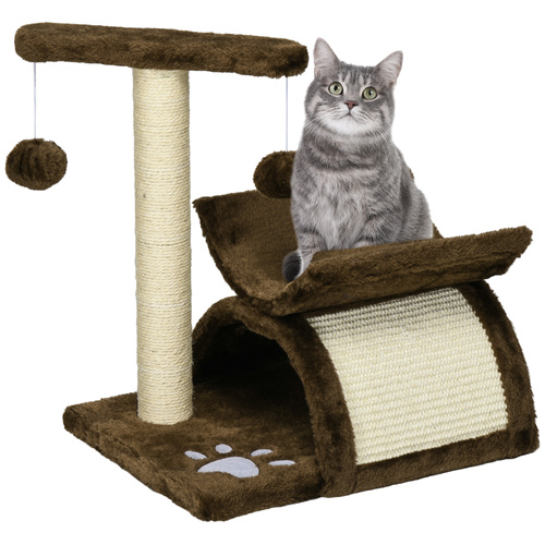 PawHut Cat Tree, Cat Tower for Kittens with Rotatable Top Bar, Sisal Scratching Post, Tunnel, Dangling Balls - Brown