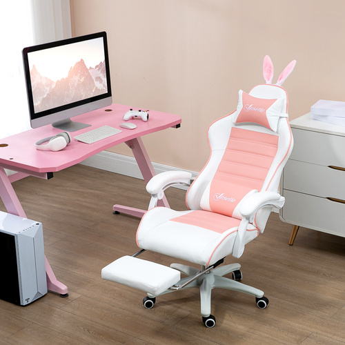 Vinsetto Racing Gaming Chair, Reclining PU Leather Computer Chair with Removable Rabbit Ears, Footrest, Headrest and Lumber Support, Pink